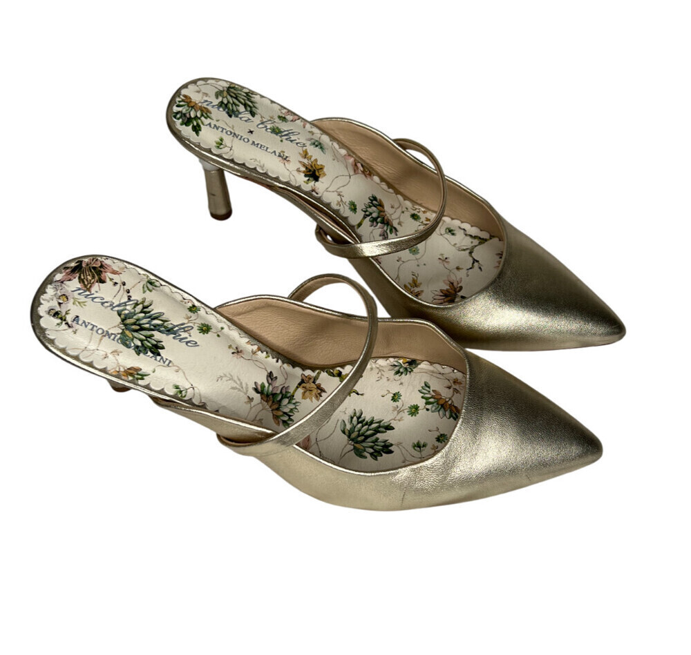 Antonio Melani x Nicola Bathie Maddie Gold Leather Slip-On Mules Size 9 Rare